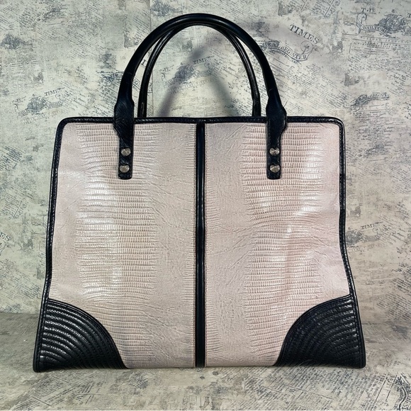Rebecca Minkoff snake embossed leather pale pink and black structured tote bag